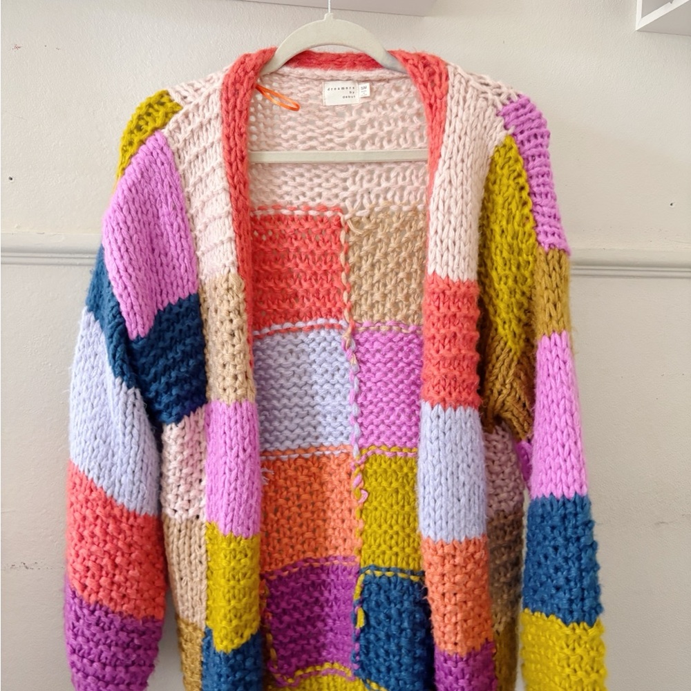 Pink and Yellow Chunky Knit Cardigan Sweater